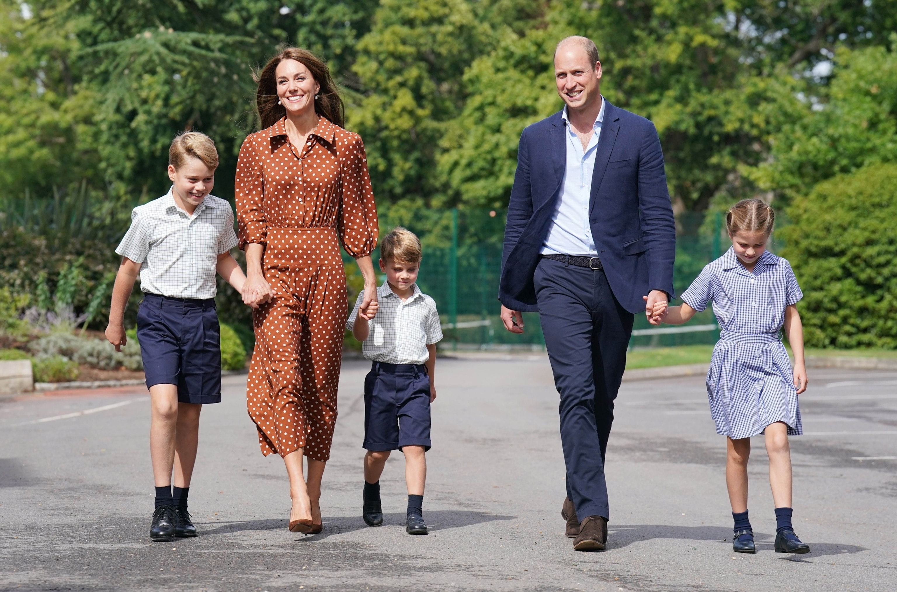 Prince George, Princess Charlotte and Prince Louis accompanied by their parents the Prince William, Duke of Cambridge and Catherine, Duchess of Cambridge, arrive for a settling in afternoon at Lambrook School, near Ascot, Sept. 7, 2022, in Bracknell, England.Jonathan Brady/Pool/Getty Images