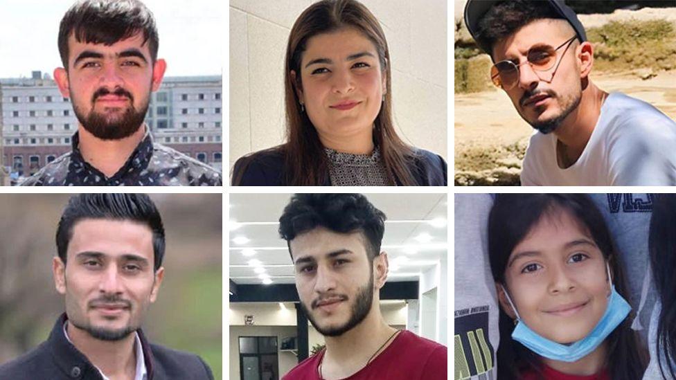Image caption,Some of the victims (from left): Mohammed Hussein Mohammedie, Mhabad Ahmad Ali, Bilind Shakir Baker, Shakar Ali Pirot, Bryar Hamad Abdulrahman, and Hasti Rizghar Hussein
