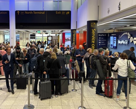 Passengers stranded at London Gatwick’s south terminal.Photograph: Jordan Pettitt/PA