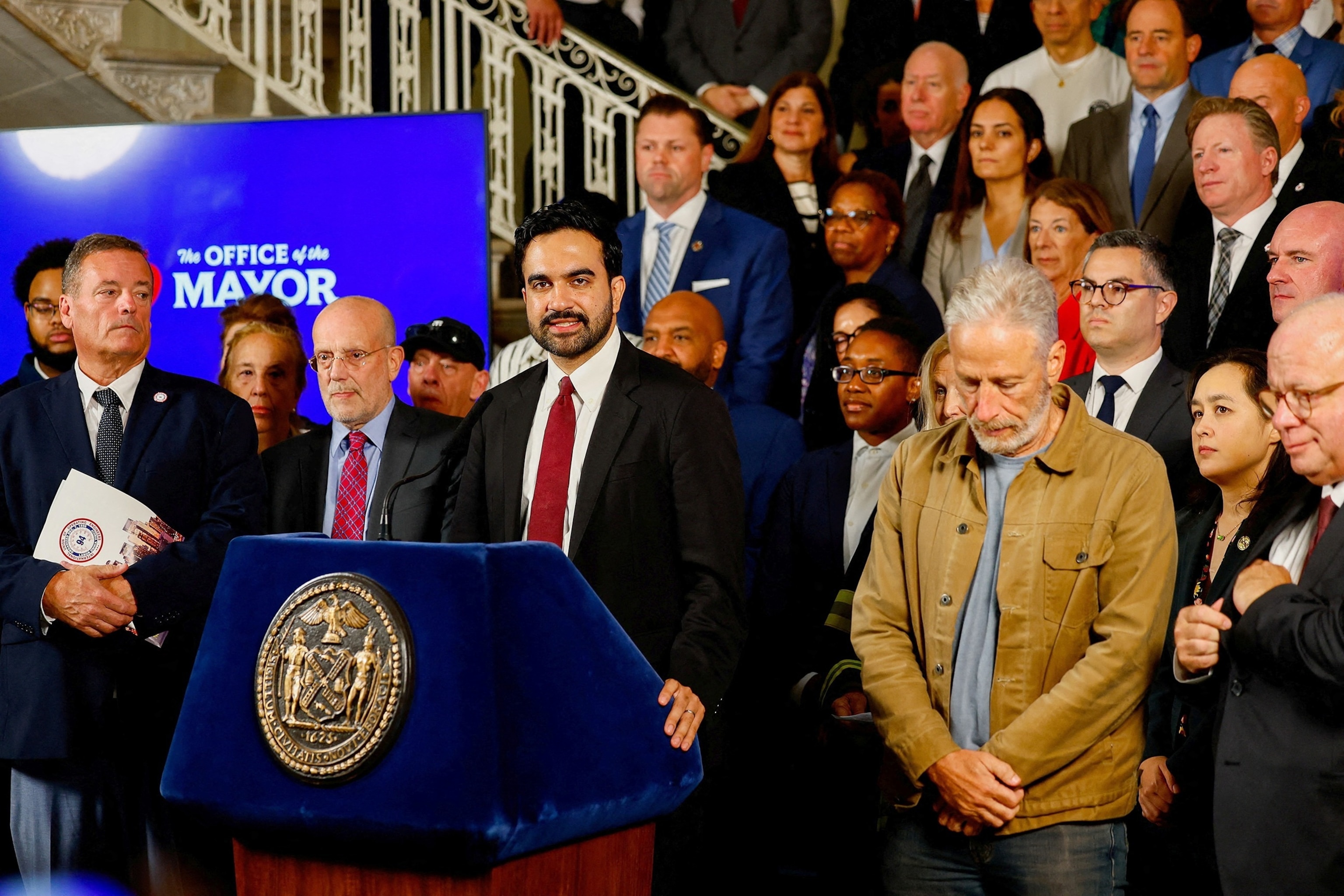 New York City Mayor Zohran Mamdani and actor Jon Stewart attend a press conference, releasing more than 170,000 pages of previously unreleased records related to air quality in the aftermath of the Sept. 11 attacks, at City Hall in New York, September 8, 2026.Jeenah Moon/Reuters