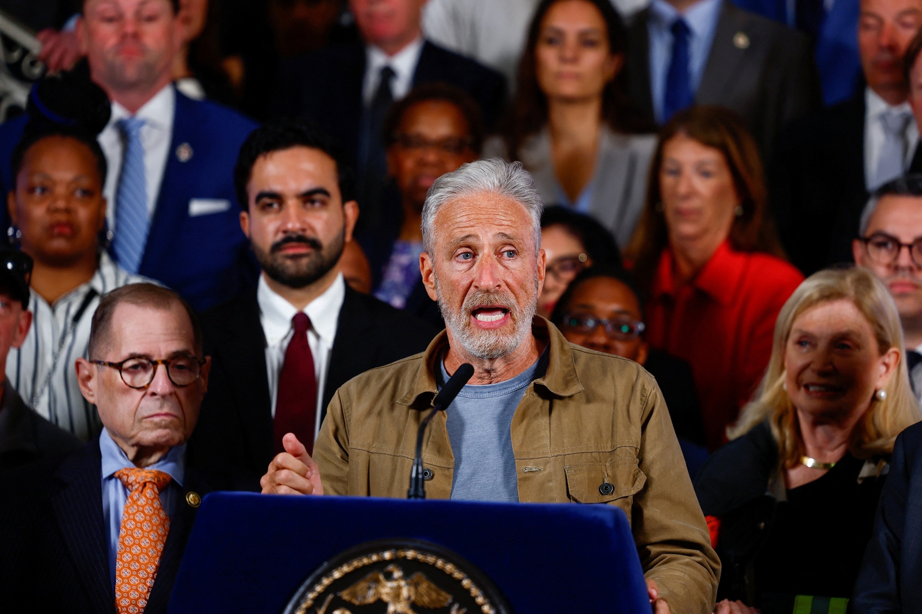 Jon Stewart attends a press conference, releasing more than 170,000 pages of previously unreleased records related to air quality in the aftermath of the Sept. 11 attacks, at City Hall in New York, September 8, 2026.Jeenah Moon/Reuters