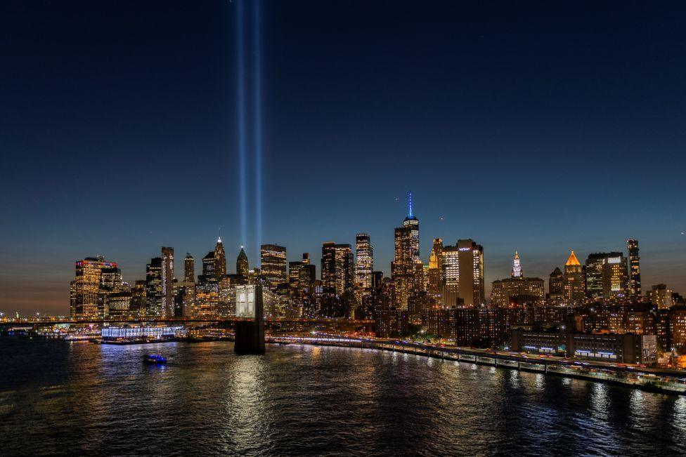Image caption,A tribute in light above the New York City skyline, at the 2024 anniversary