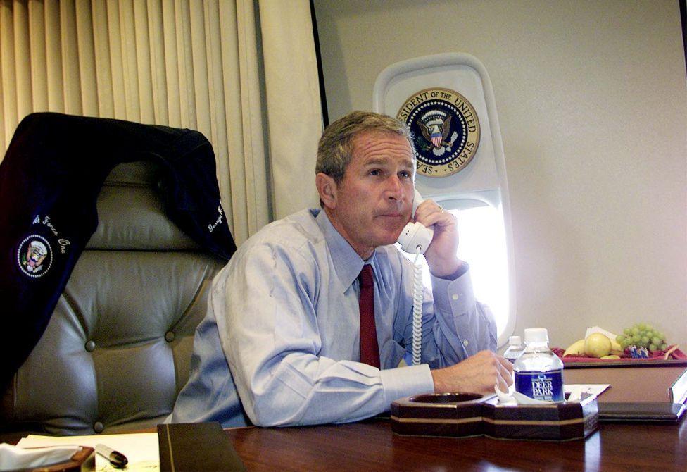 Image caption,President George W Bush on Air Force One after the attacks