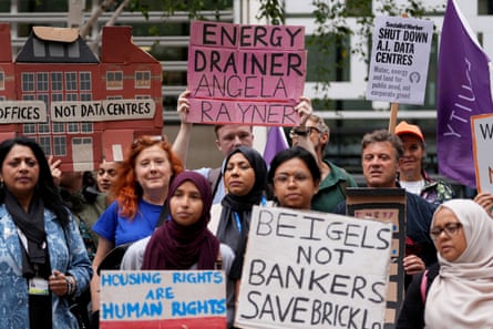 Demonstrators protest against redevelopment plans for the 10-acre Truman Brewery site in Brick Lane, which include a datacentre.Photograph: Carlos Jasso/AFP/Getty Images