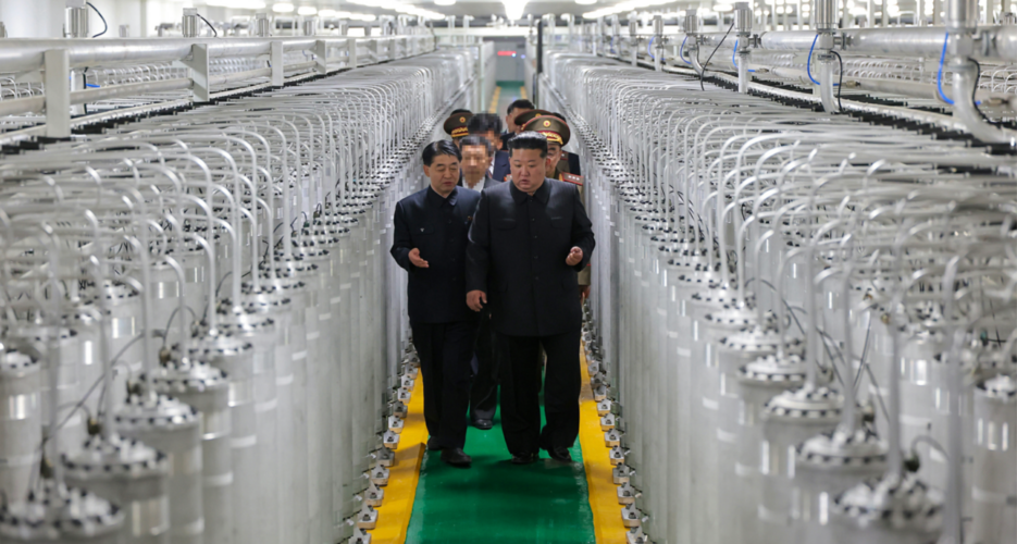 Image caption,Kim was pictured earlier this year at a "newly commissioned" nuclear enrichment site