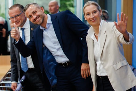 (From l to r) AfD party co-chair Tino Chrupalla, Ulrich Siegmund and Alice Weidel a day after the Saxony-Anhalt state election.Photograph: Clemens Bilan/EPA