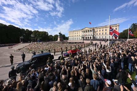 The casket of King Harald V leaves the royal palace for Oslo Cathedral.Photograph: Jonathan Nackstrand/AFP/Getty Images